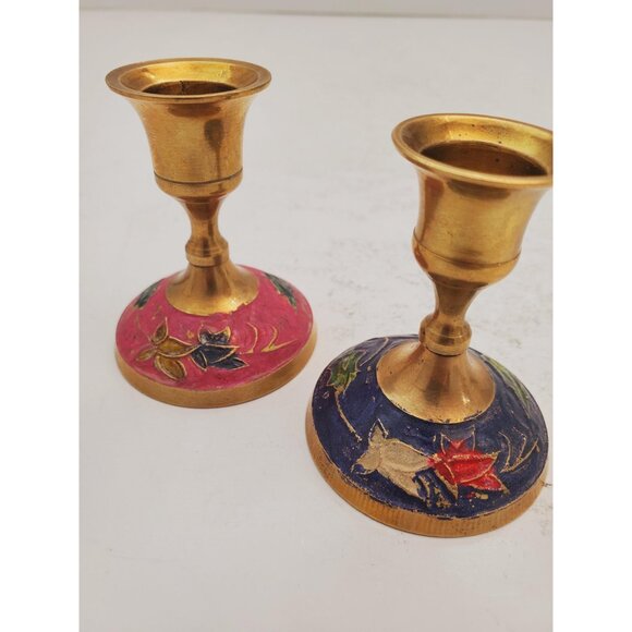 Vintage Brass Candlestick Holder | round Base |Vintage Enamelled Brass - Picture 6 of 10